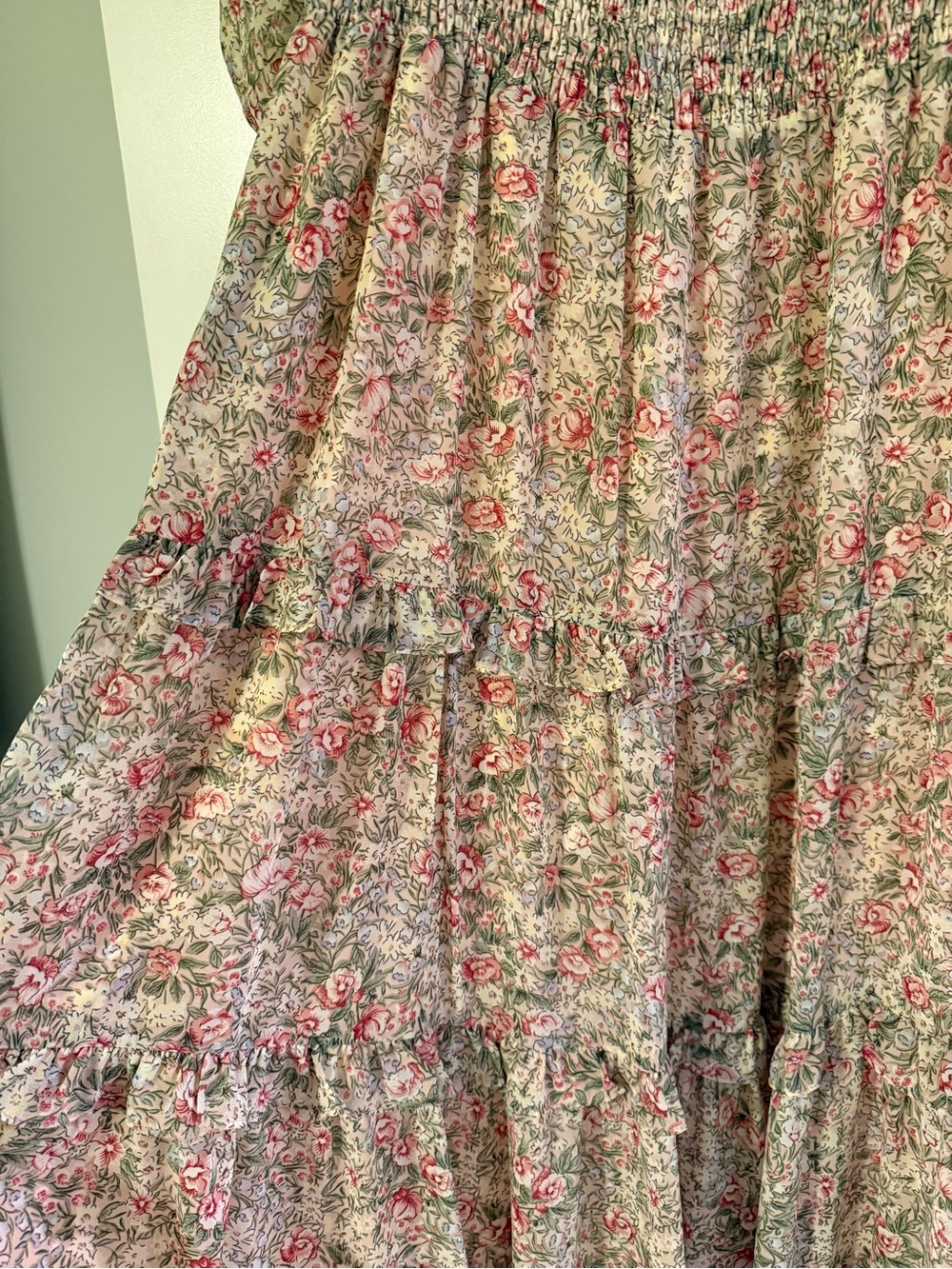 NWOT Roolee Floral Smocked dress and tiered ruffles in Green, Pink, Cream - Picture 3 of 6